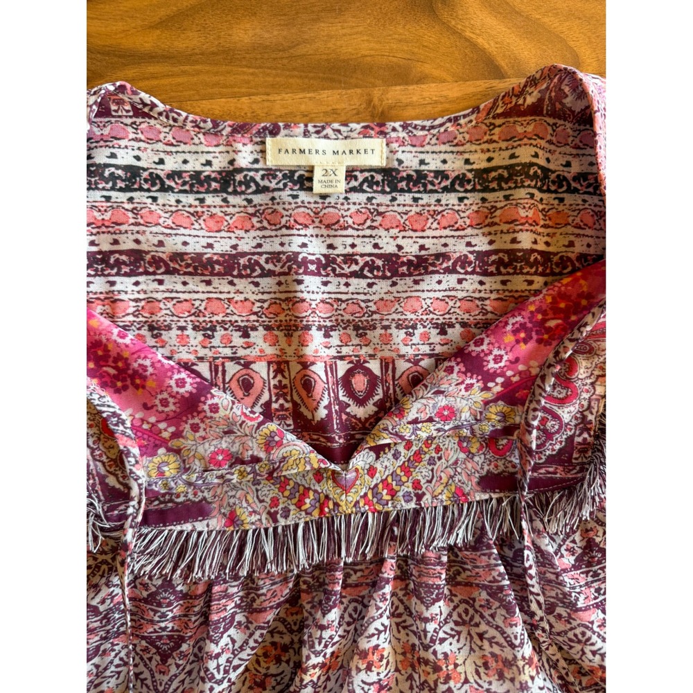 Farmers Market Blouse Womens 2X Coral Excellent Boho Fringe Tassel Paisley Top - Picture 3 of 5